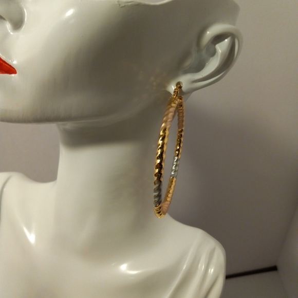 Large Real Gold Plated 3 Tone 60mm Round Hoop Earrings NWOT - Picture 3 of 5
